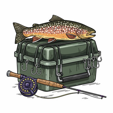 Fishing trout vector illustration with rod and tackle box outdoor adventure gear