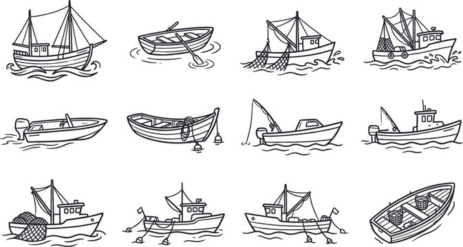 Sailing Boats Set with Black Line Art on White Background, Including Various Hulls and Sails for Vector Icons