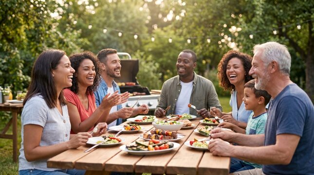 A joyful gathering of a diverse group of adults and children enjoying a summer barbecue in a lush backyard.