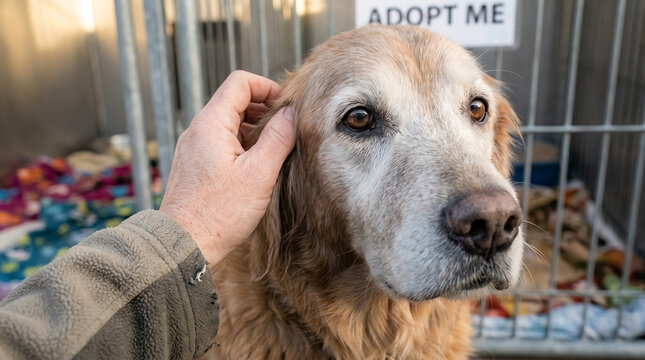 senior shelter dog volunteer care adoption animal rescue compassion hand gently pets an older dog with gray muzzle near an adopt me sign creating tender rescue and second chance mood for senior pet
