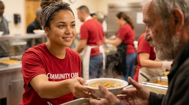 volunteer serving meal elderly charity community kitchen support help female helper in red shirt serves food to an older guest creating a direct moment of gratitude care and dignity for senior