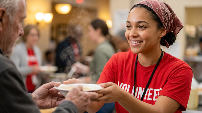 community kitchen volunteer food donation help charity support service young volunteer passes a prepared meal across a table during a local food aid event with warm human connection for nonprofit