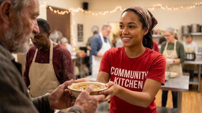 community care volunteer food service charity meal elderly support young woman offers a takeaway meal to a senior person in a busy aid center showing practical neighborhood support for local charity