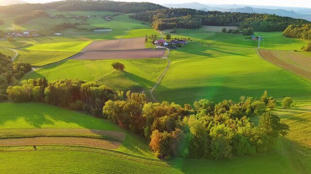 Golden Hour Aerial View Over Lush Green Rural Landscape and Fields