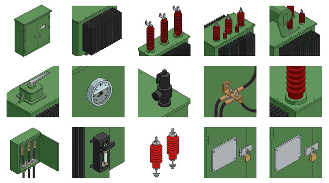Isometric Electrical Transformer Components and Substation Equipment Icon Set, Green High Voltage Power Grid Vector Illustrations for Engineering Infographics and Presentation Materials
