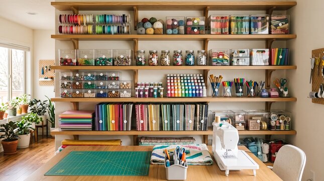 Organized Craft Room with Shelves Full of Supplies and Sewing Machine