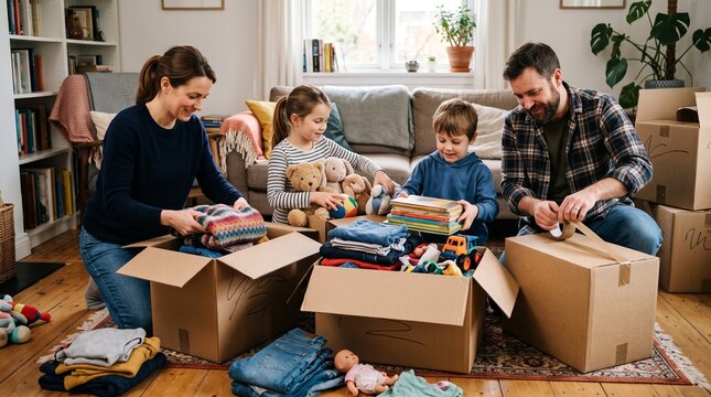 Happy young family packing cardboard boxes with clothes and toys together in their cozy living room for a new home relocation