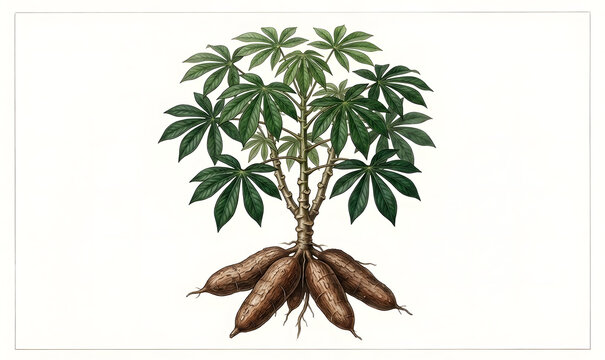 Botanical illustration of a cassava plant with green leaves and edible tubers roots