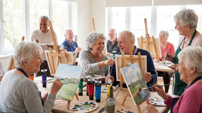 A joyful group of older adults engage in a painting class, showcasing creativity and camaraderie in a bright, inviting studio.