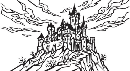 Medieval castle on a rocky cliff with towers and spires in black and white line art vector style © Andikia