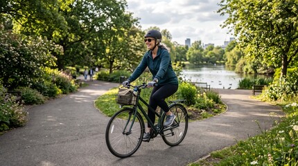 Fototapeta premium Smiling senior woman cycling through a lush green park with a lake in the background on a sunny day