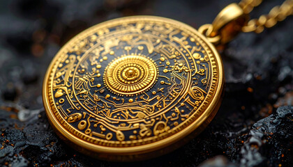Obraz premium Close-up of an ornate golden medallion with intricate dark and gold engravings, depicting ancient symbols and celestial patterns on a textured dark surface.