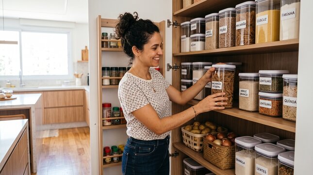 Woman organizing pantry with clear containers filled with grains pasta and spices in a modern kitchen