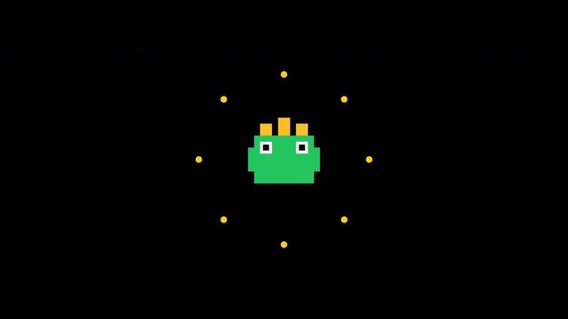 Retro 8-Bit Pixel Art Green Monster Character with Pulsing Yellow Dots on Black Background