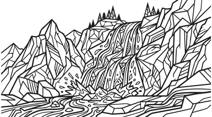 Fototapeta premium Stylized waterfall flowing through rocky mountains vector illustration in black and white line art style