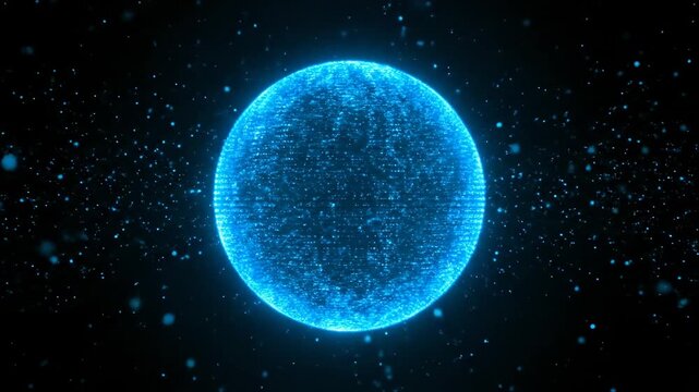 Glowing sphere of blue dots against a dark background, evoking a sense of space and energy