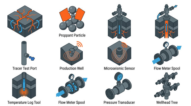 Isometric Oil and Gas Drilling Icon Set featuring Hydraulic Fracturing Equipment, Wellhead Tree, Flow Meter, and Reservoir Monitoring Sensors for Industrial Infographics and Presentations