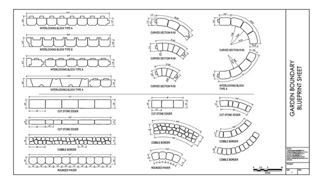 Garden boundary blueprint sheet interlocking blocks edgers cobbles pavers vector transparent.