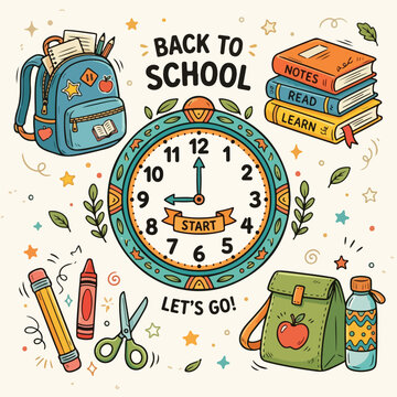 Back to school supplies and clock