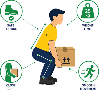 Professional manual handling vector illustration demonstrating correct lifting techniques for heavy cardboard boxes in workplace environments