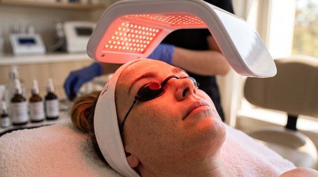 A woman receiving red light therapy during a skincare treatment, enhancing her complexion in a serene spa environment.