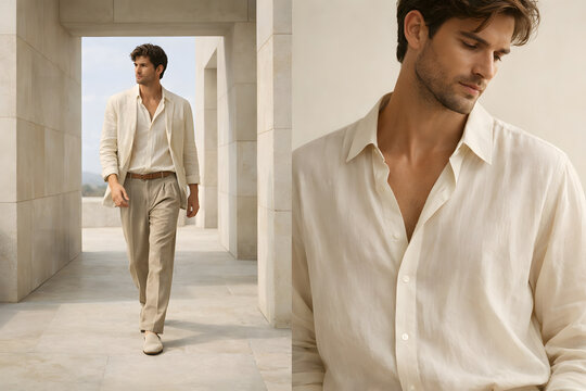 Stylish Man in Beige Linen Suit Walking and Shirt Detail Fashion Editorial