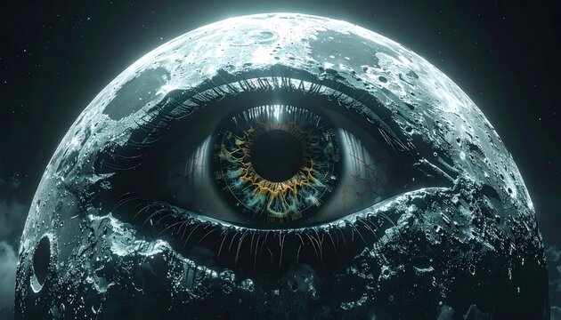Close-up of a moon-shaped eye in deep space.