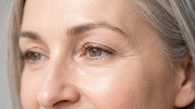 Close-up of a smiling older Caucasian woman with silver hair and warm brown eyes, showcasing natural beauty and grace.