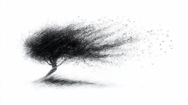 Artistic sketch of a windswept tree, created with fine lines, showing a sense of movement and transformation