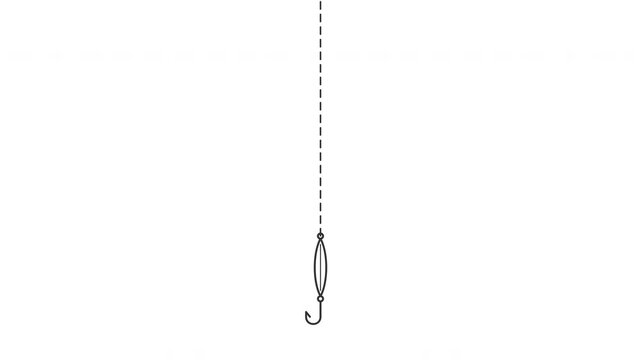Minimalist line art animation of a fishing hook dangling on a dashed line on white background
