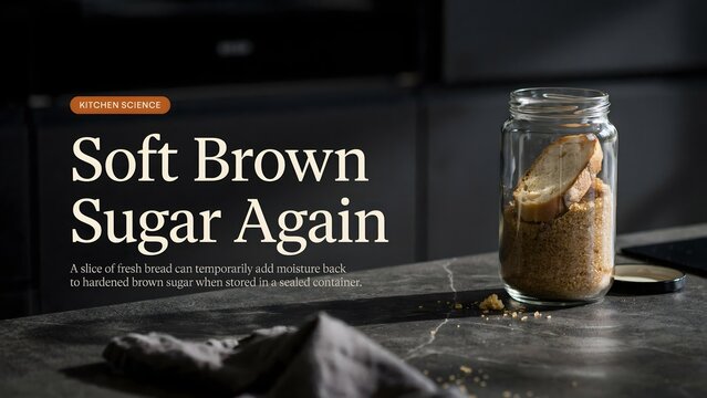 TIPS & TRICKS: Glass jar of soft brown sugar with wooden spoon on dark kitchen counter, rustic cooking ingredient