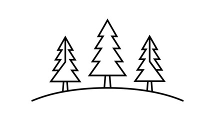Obraz premium Minimalist outline illustration of three pine trees on a curved landscape.