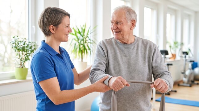 A cheerful senior man with silver hair engages in physical therapy with a smiling young woman in a bright, airy gym setting.