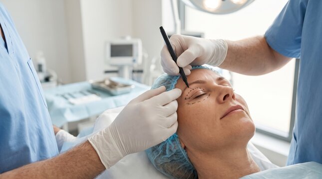 A female patient undergoing cosmetic eyelid surgery consultation in a modern clinic.