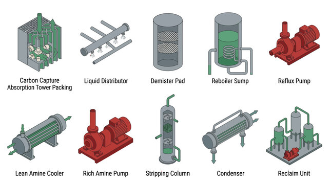 Isometric Carbon Capture and Amine Solvent Recovery Equipment Icon Set, Industrial Engineering Vector Diagrams for Sustainability Presentations and Educational Infographics
