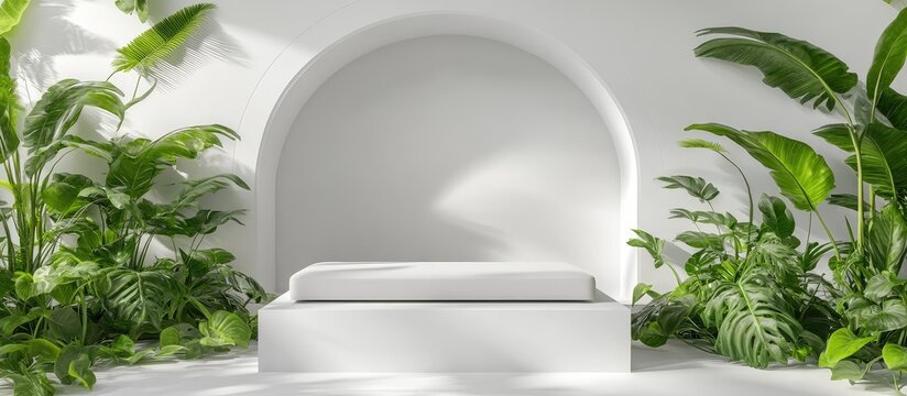 A serene indoor scene with a white archway and lush green plants surrounding a minimalist seating area.