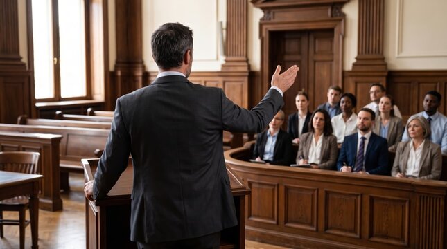 A professional male lawyer addresses a diverse jury in a grand courtroom, showcasing confidence and determination.