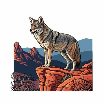 Coyote standing on a desert canyon rock cliff vector illustration