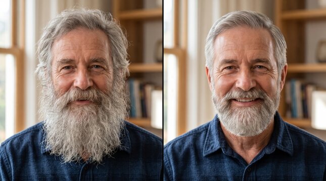 Smiling older man with a gray beard, showcasing a warm expression in a cozy indoor setting.