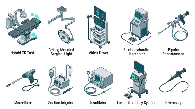 Isometric Medical and Surgical Equipment Icon Set featuring Operating Room Table, Video Tower, Laser Lithotripsy System, and Endoscopic Tools for Healthcare Infographics and Presentations