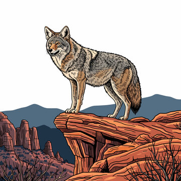 Coyote standing on a desert canyon rock cliff vector illustration