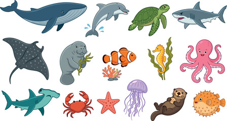 Cute marine life cartoon vector collection featuring whale dolphin turtle shark stingray octopus jellyfish crab and sea otter for children educational ocean design projects © SARIFA