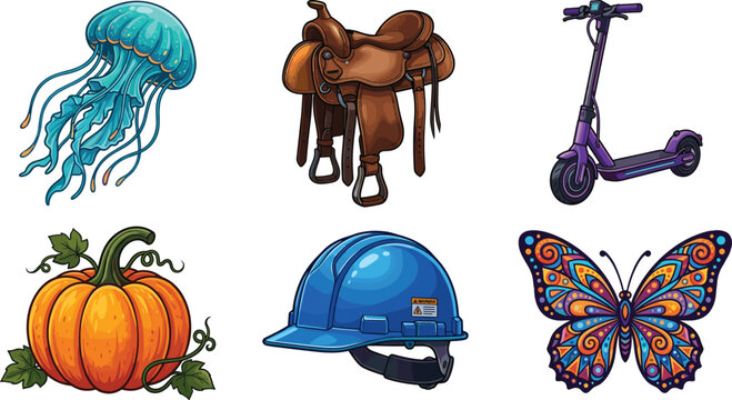 Miscellaneous Graphic Media Object Vector Icon Set with Blue Jellyfish Horse Saddle Purple Electric Scooter Orange Pumpkin Construction Helmet and Ornamental Butterfly