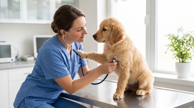 Female veterinarian examining a cute golden retriever puppy at the clinic, showcasing a gentle interaction.