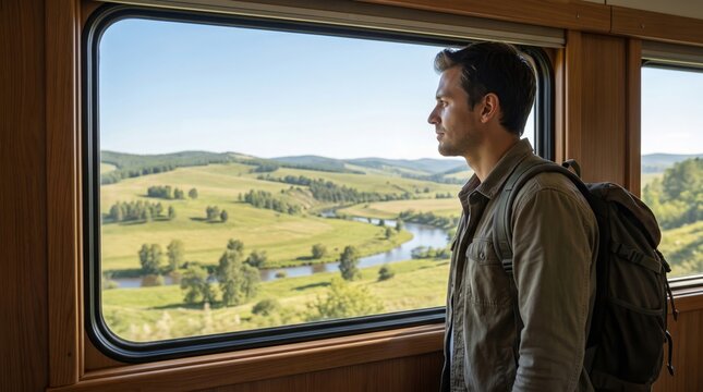A young Caucasian man gazes out the train window, admiring a beautiful green landscape with rolling hills and a river.