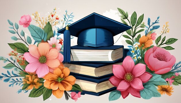 floral graduation background books cap and watercolor blooms