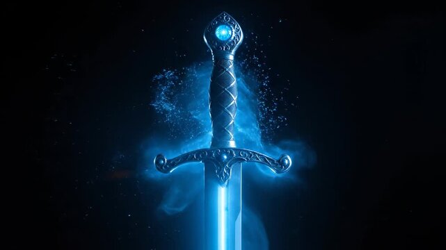 Glowing ethereal sword in dark, with intricate hilt and shimmering blade