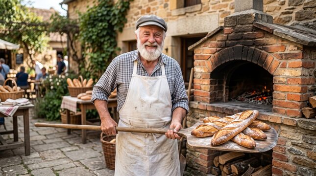 An elderly man of European descent smiles widely while holding freshly baked bread, showcasing his love for baking.