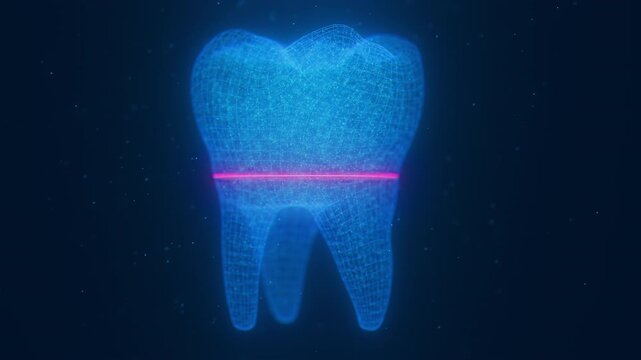 Digital tooth constructed with glowing points, dots and scanning laser motion. Tooth with flowing data particles. Dental science technology. Digital dental scan analysis. Health care concept.
