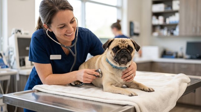 A joyful female veterinarian in scrubs checks a pug at a clinic, showcasing compassion and care for pets in a bright, welcoming environment.